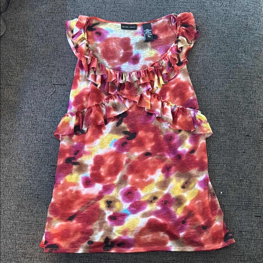 New York & Company Red Pink Ruffled Sleeveless Blouse